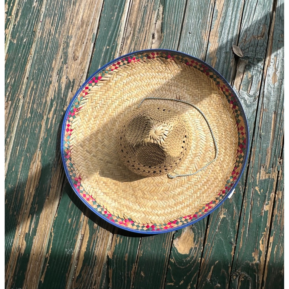 Vintage Mexican Straw Sombrero Wide Brim Sun Hat Pink Green Woven Trim